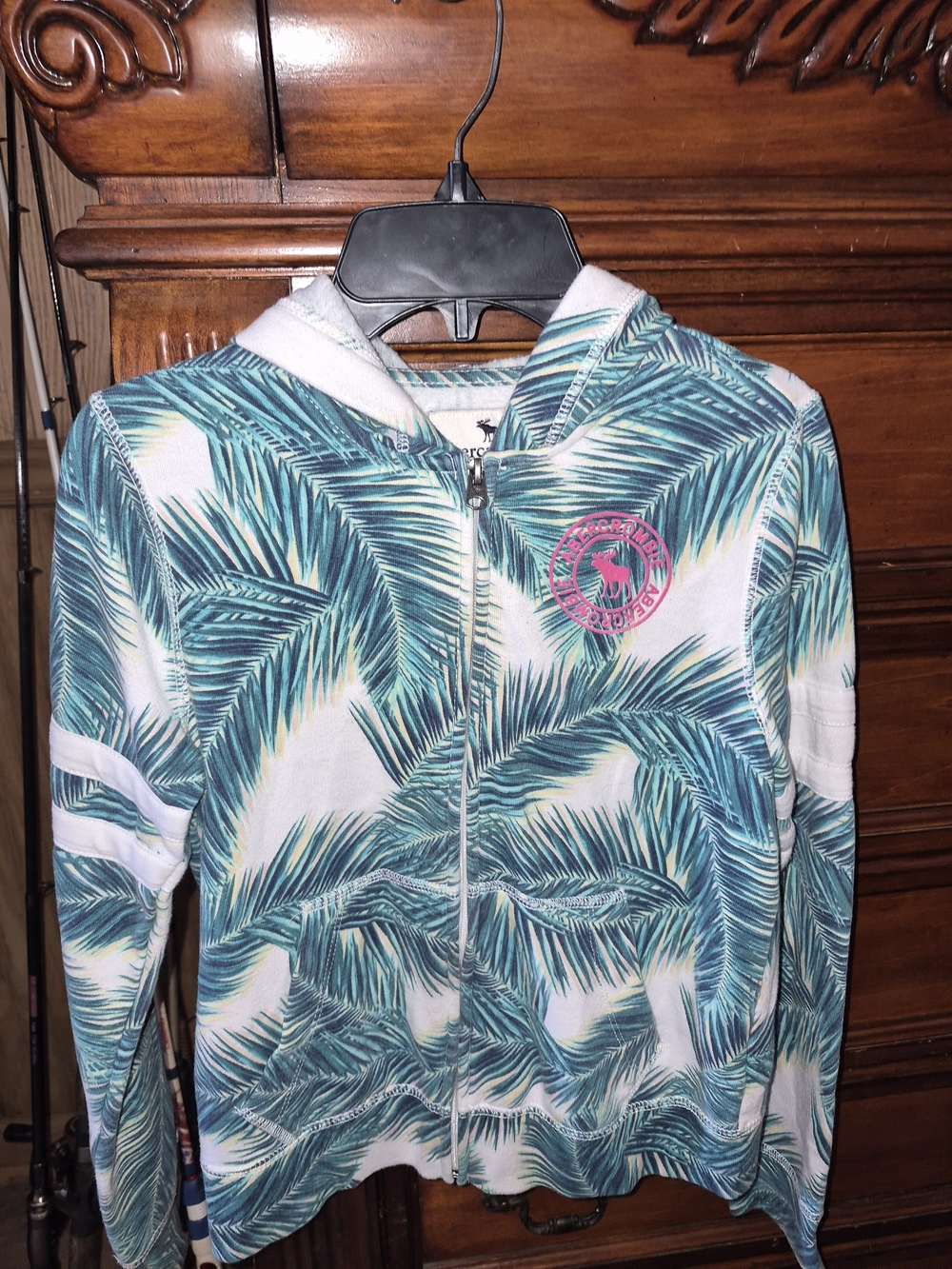 abercrombie kids Teal Palm-Print Zip Hoodie with Pink Logo